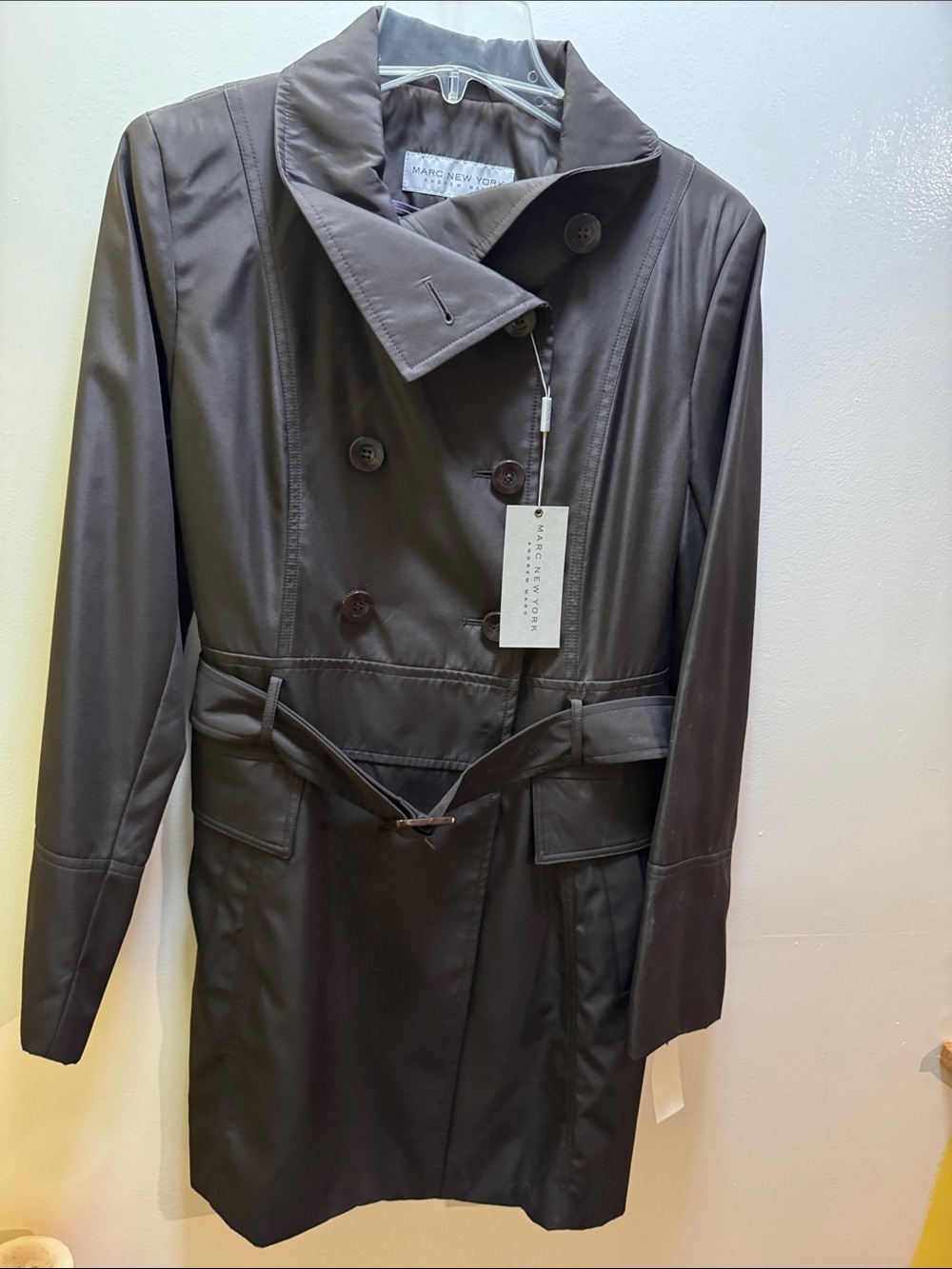 Marc New York Dark Brown Double-Breasted Trench Coat with Belt